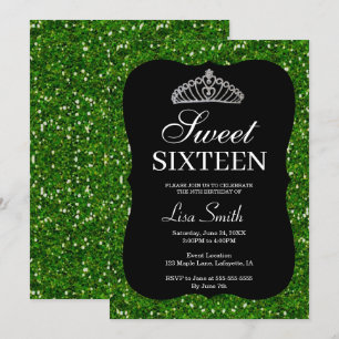 Convite Elegante Glitter Verde Chic Tiara Sweet 16