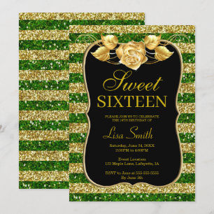 Convite Elegante Glitter Verde Dourado Glitter Rosa Doce 1