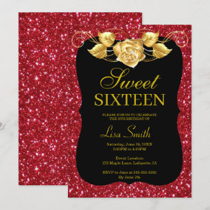 Convite Elegante Glitter Vermelho Dourado Rosa Doce 16
