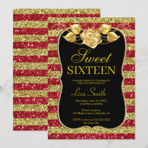 Convite Elegante Glitter Vermelho Dourado, Rosa Doce 16
