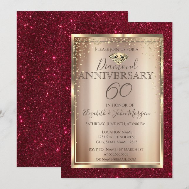Convite Elegante Glitter Vermelho para Bodas de Aniversári (Frente/Verso)