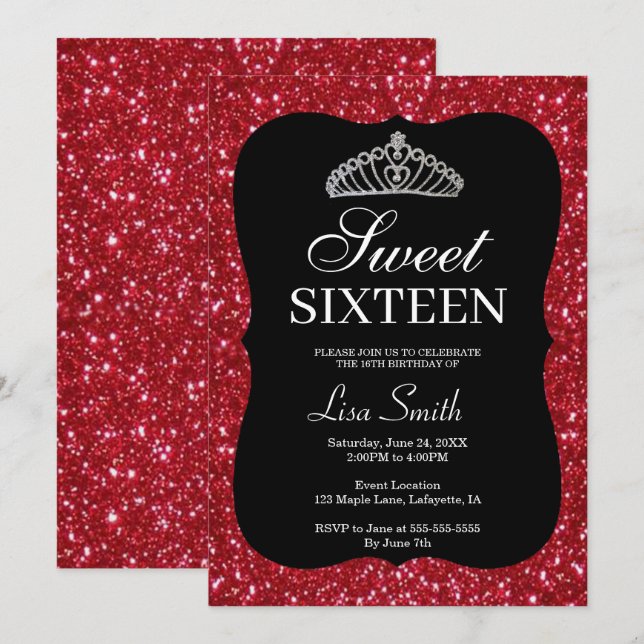 Convite Elegante Glitter Vermelho Quic Tiara Sweet 16 (Frente/Verso)