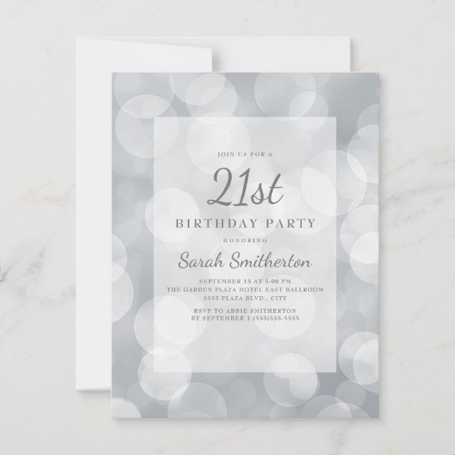 Convite Elegante Glittery Silver Bokeh aniversário de 21 a (Frente)