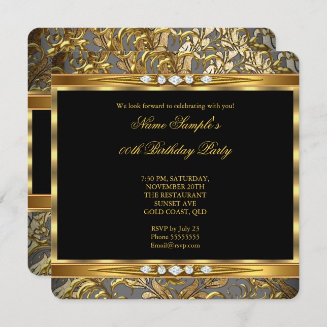 Convite Elegante Gold Foil Damask Black Diamond Aniversári (Frente/Verso)