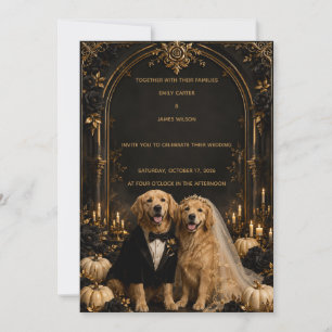 Convite Elegante Golden Retriever de 3D Dourado Casamento