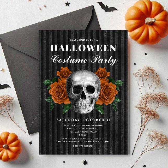 Convite Elegante Gótica Floral Skull Figurume Halloween (Elegant Gothic Floral Skull Costume Halloween Invitation)