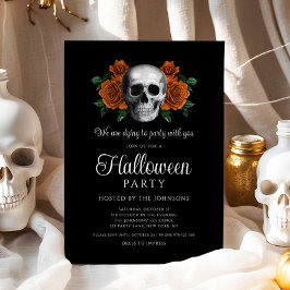 Convite Elegante Gótico Preto Floral Caveira Halloween