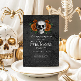 Convite Elegante Gótico Preto Floral Caveira Halloween