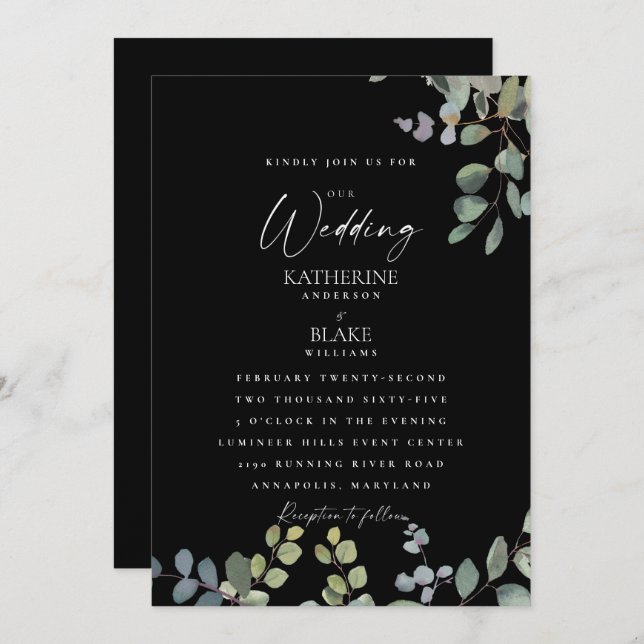 Convite Elegante Grace Weding All Black Eucalyptus (Frente/Verso)