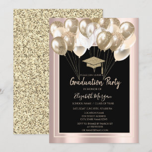Convite Elegante Grad Cap Brilho, Balões Rosa Dourado
