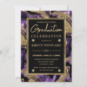 Convite Elegante Graduação com Purpura e Brilho Dourado de