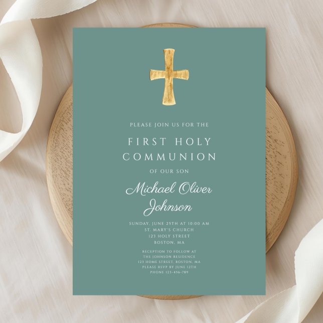 Convite Elegante Green Cross Boy First Santa Comunhão (Elegant Green Cross Boy First Holy Communion Invitation)
