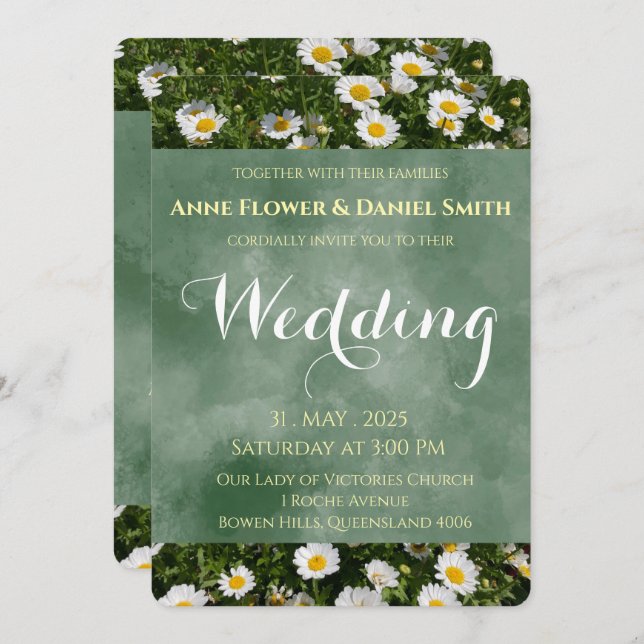 Convite Elegante Green Daisy Wedding (Frente/Verso)