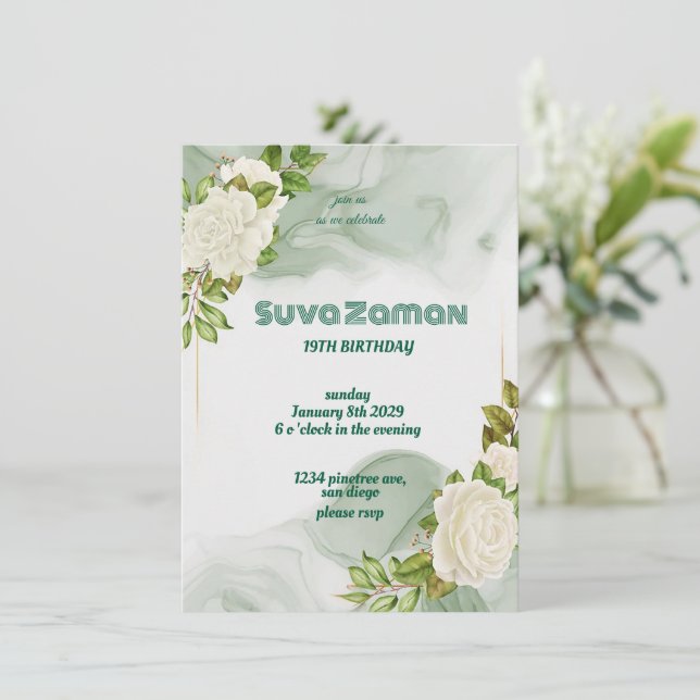 Convite Elegante Green Floral 19º Aniversário Temp (Em pé/Frente)