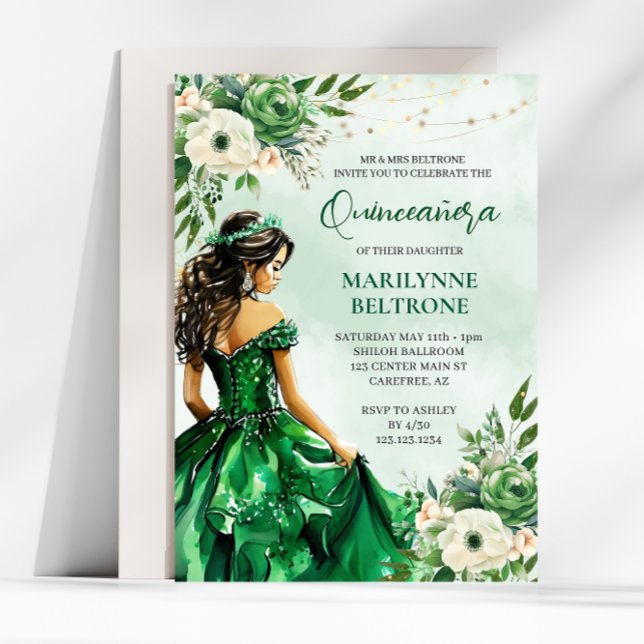 Convite Elegante Green Floral Princess Quinceañera (Criador carregado)