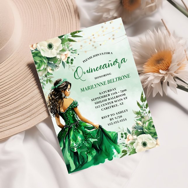 Convite Elegante Green Floral Princess Quinceañera (Criador carregado)