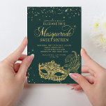 Convite Elegante Green Glitter Mascarada Doce 16<br><div class="desc">Design apresenta uma máscara brilhante de mascarada com brilho dourado com configuração dourada.</div>