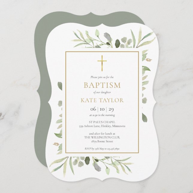 Convite Elegante Greenery Baptism Christening (Frente/Verso)