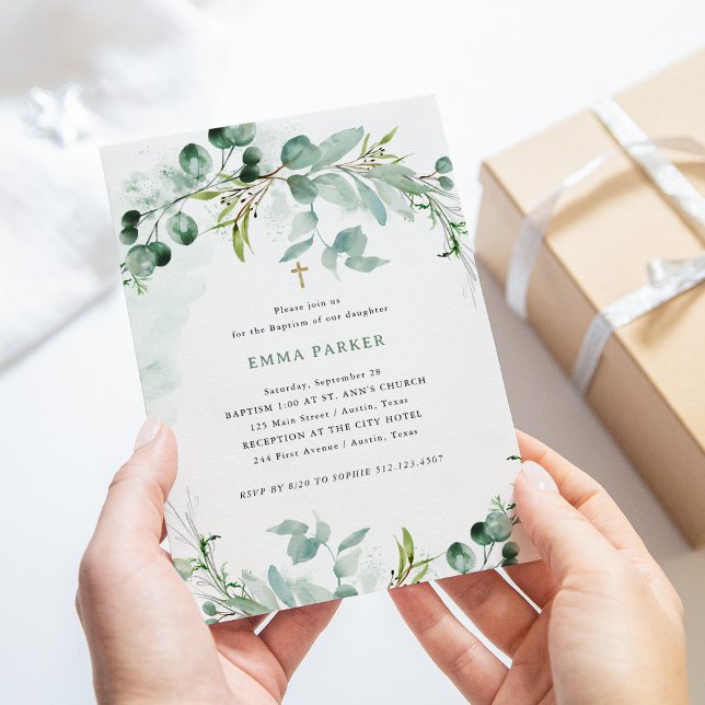 Convite Elegante Greenery | Batismo (An elegant Baptism invitation with pretty watercolor eucalyptus greenery)