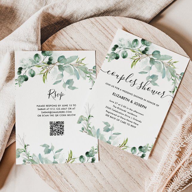 Convite Elegante Greenery | Chá de Casais QR (An elegant couples wedding  shower invitation with greenery and a scannable QR code to rsvp)