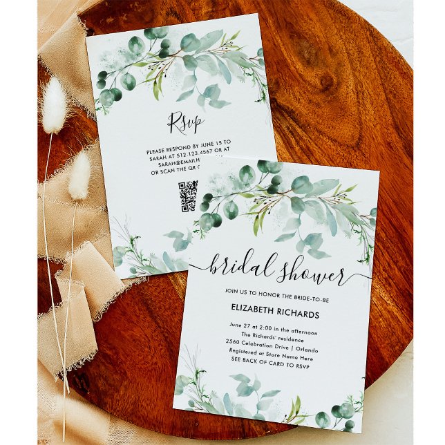 Convite Elegante Greenery | Chá de panela do código QR (An elegant bridal shower invitation with greenery and a scannable QR code)