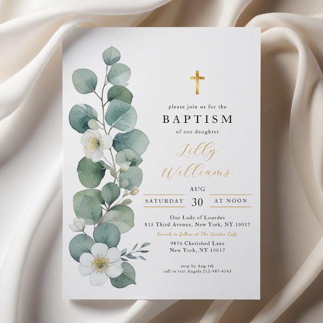 Convite Elegante Greenery Dourado Convocação para Batismo  (Simple Elegant Baptism Invitation)