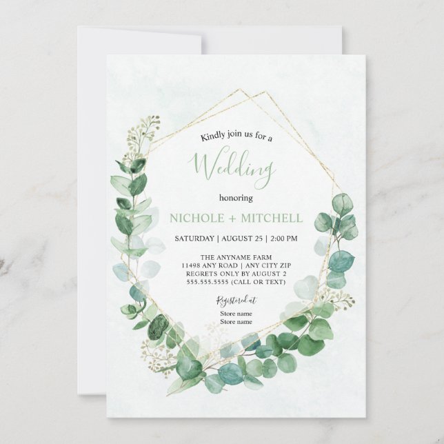 Convite Elegante Greenery Dourado em um Casamento (Frente)