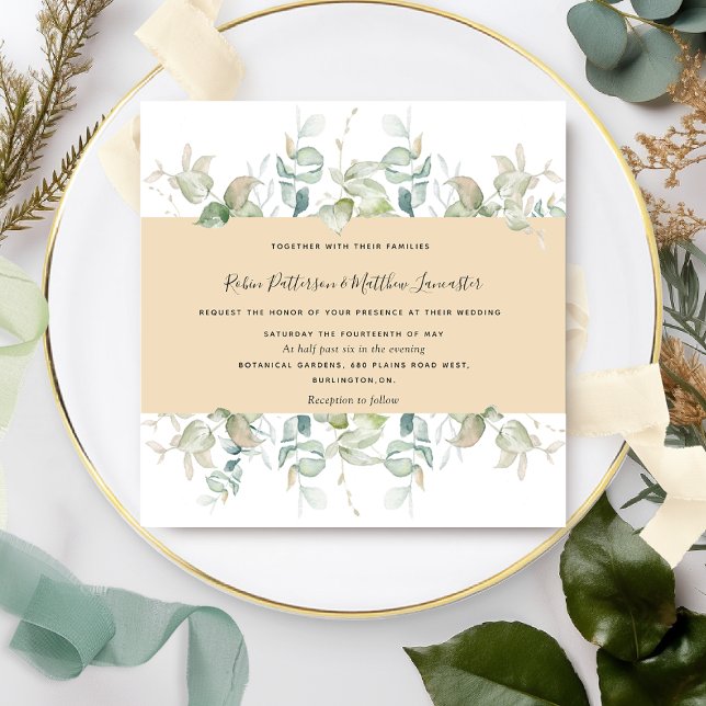 Convite Elegante Greenery e Beige Tan, Casamento Quadrado (Criador carregado)