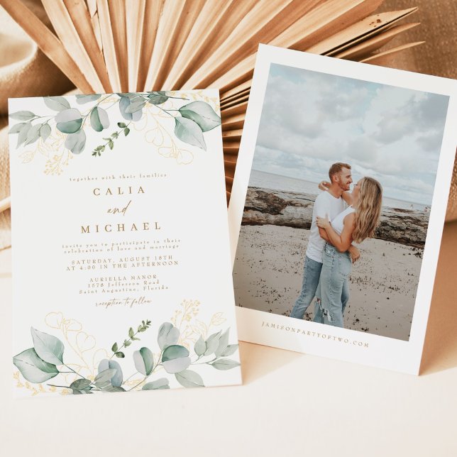 Convite Elegante Greenery e Dourado Casamento Fotográfico (Elegant watercolor greenery wedding invitation with photo backside)