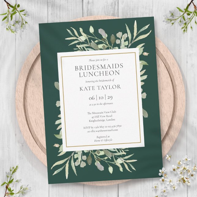 Convite Elegante Greenery Emerald Bridesmaids Luncheon (Elegant Greenery Emerald Bridesmaids Luncheon Invitation)
