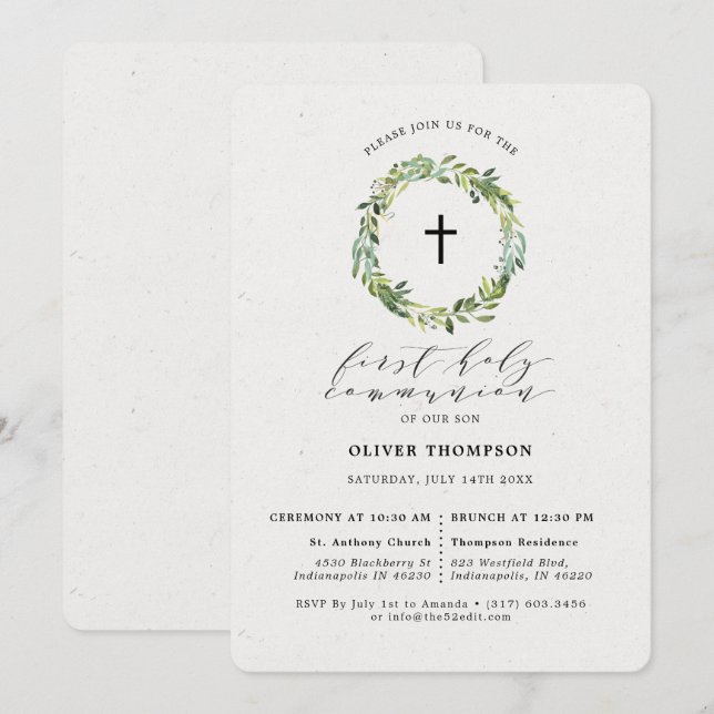 Convite Elegante Greenery Eucalyptus Wreath Primeira Comun (Frente/Verso)