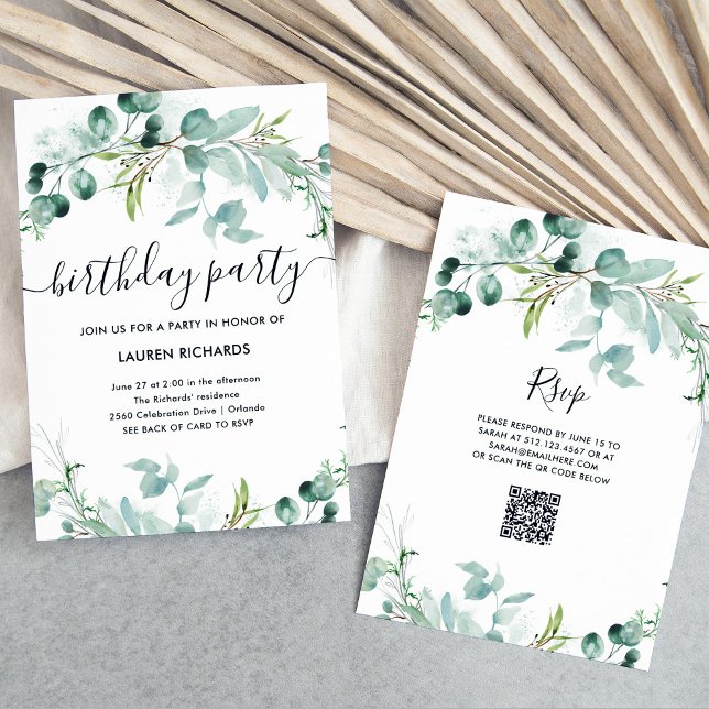 Convite Elegante Greenery | Festa de aniversário do código (A simple and elegant birthday party invitation with green watercolor eucalyptus leaves)