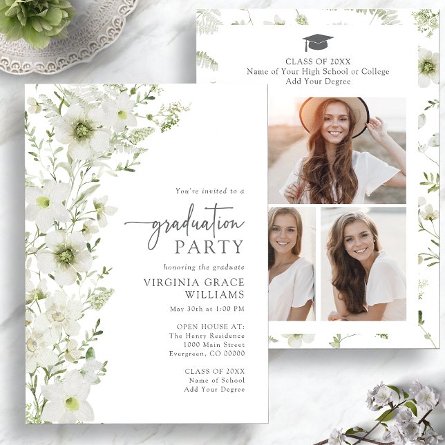 Convite Elegante Greenery Festa de formatura (Elegant Greenery Graduation Party Invitation with Photo Collage by Painted Paperie
)