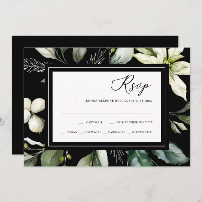 Convite Elegante Greenery | Placa RSVP Preta de Aquarela (Frente/Verso)