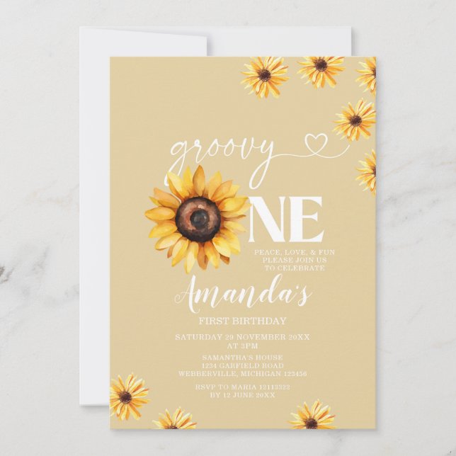 Convite Elegante Groovy One Birthday Boho Sunflower (Frente)