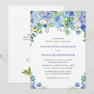Convite Elegante Hidrangea Floral Azul Aquarela Casamento