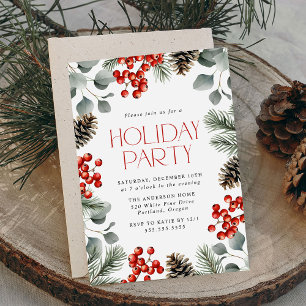 Convite Elegante Holly Berries e Pine Cones Feriado