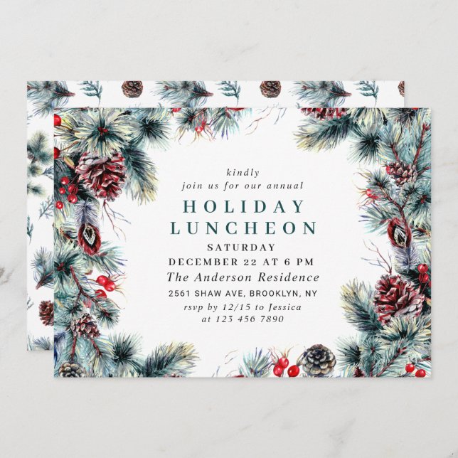 Convite Elegante Holly Berry Christmas HOLIDAY LUNCHEON (Frente/Verso)