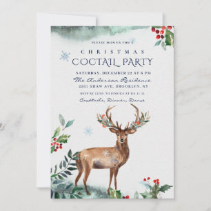 Convite Elegante Holly Berry Deer Christmas COCTAIL