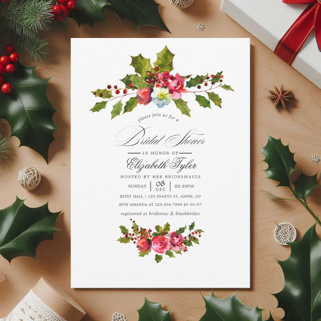 Convite Elegante Holly e Chá de panela de Natal Ivy (Christmas Bridal Shower Floral Holly Invitation)