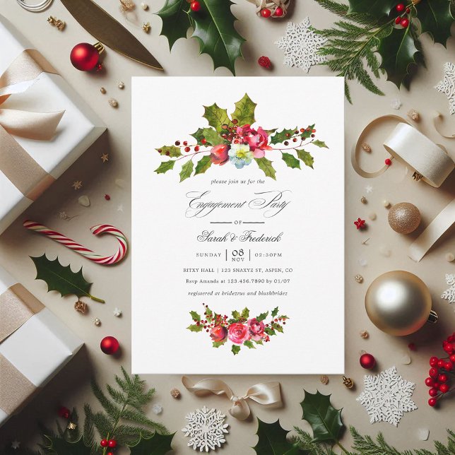 Convite Elegante Holly e Ivy Festa de noivado de Natal (Christmas Engagement Party Holly and Ivy Invite)