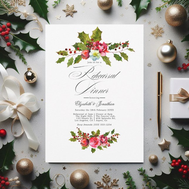 Convite Elegante Holly e Janto de ensaio de Natal Ivy (Christmas Wedding Rehearsal Dinner Invitation)