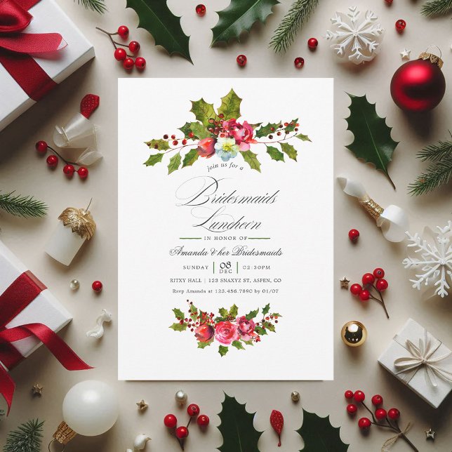 Convite Elegante Holly & Ivy Christmas Bridesmaids Luncheo (Christmas Bridesmaids Luncheon Holly Invitation)