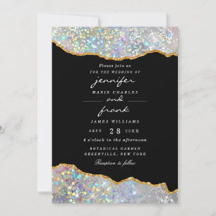 Convite Elegante Holográfico Glitter Agate Sparkle Preto