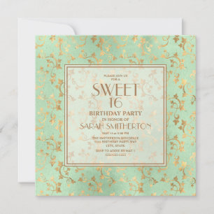 Convite Elegante Hortelã Verde Dourado Sweet 16