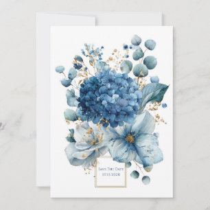 Convite Elegante Hortênsia Azul Poeirenta Peônia Dourado B