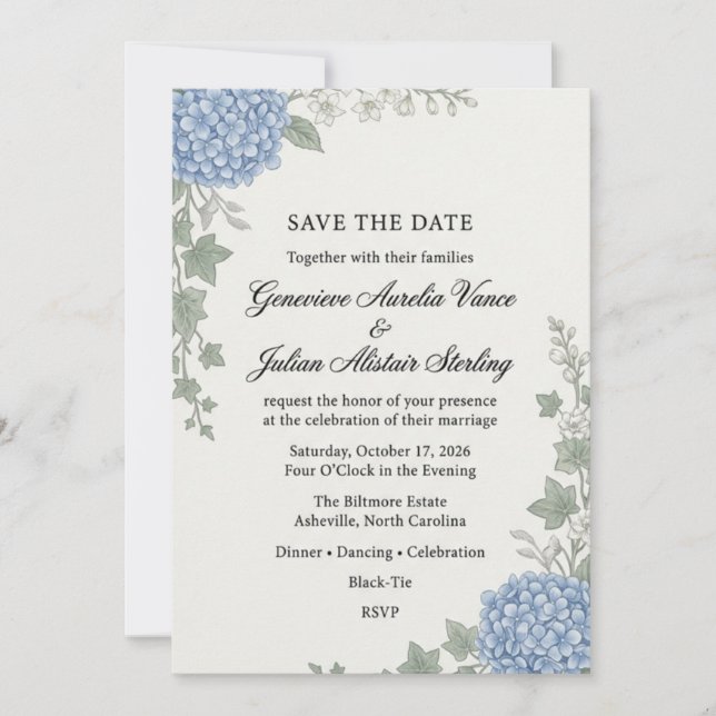 Convite Elegante Hydrangea Azul e Save the Date Botânico d (Frente)