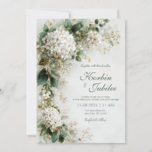 Convite Elegante Hydrangea Branca Dourada Botânica Casamen