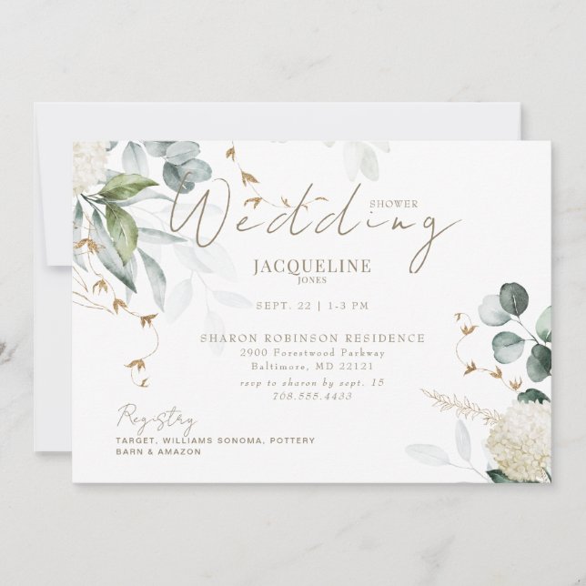 Convite Elegante Hydrangea Chá de panela Horizontal Branco (Frente)