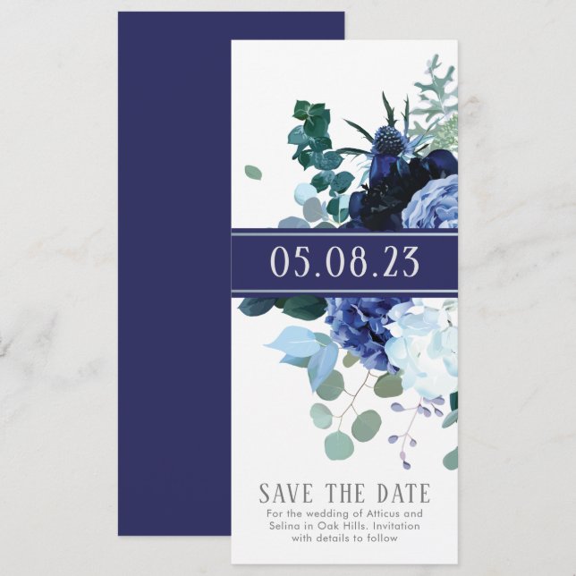 Convite Elegante Índigo Macio e  Casamento Salve a data (Frente/Verso)